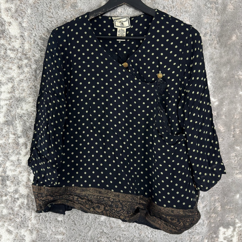 April Cornell Size L Polka Dot Paisley Border Rayon Blouse Black 3/4 Sleeve Wmn